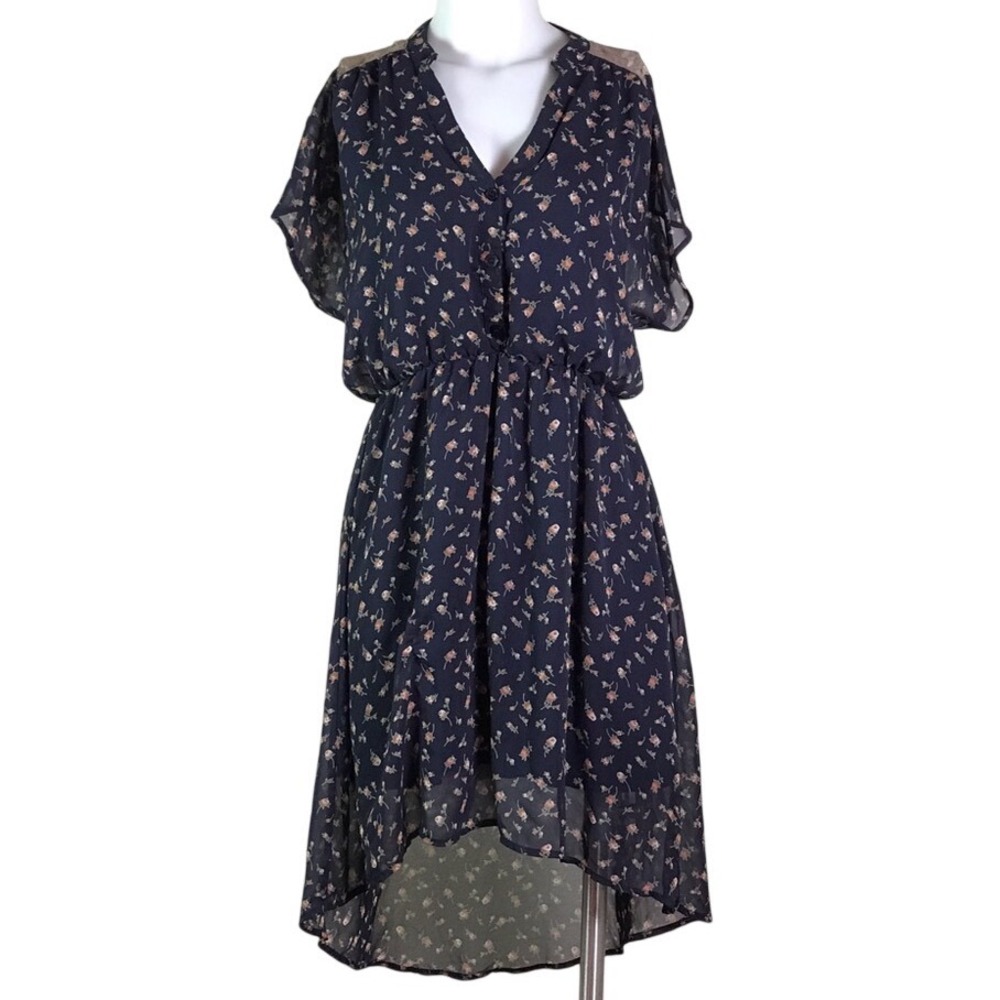 LUSH NAVY BLUE FLORAL SHORT SLEEVE HI LO DRESS